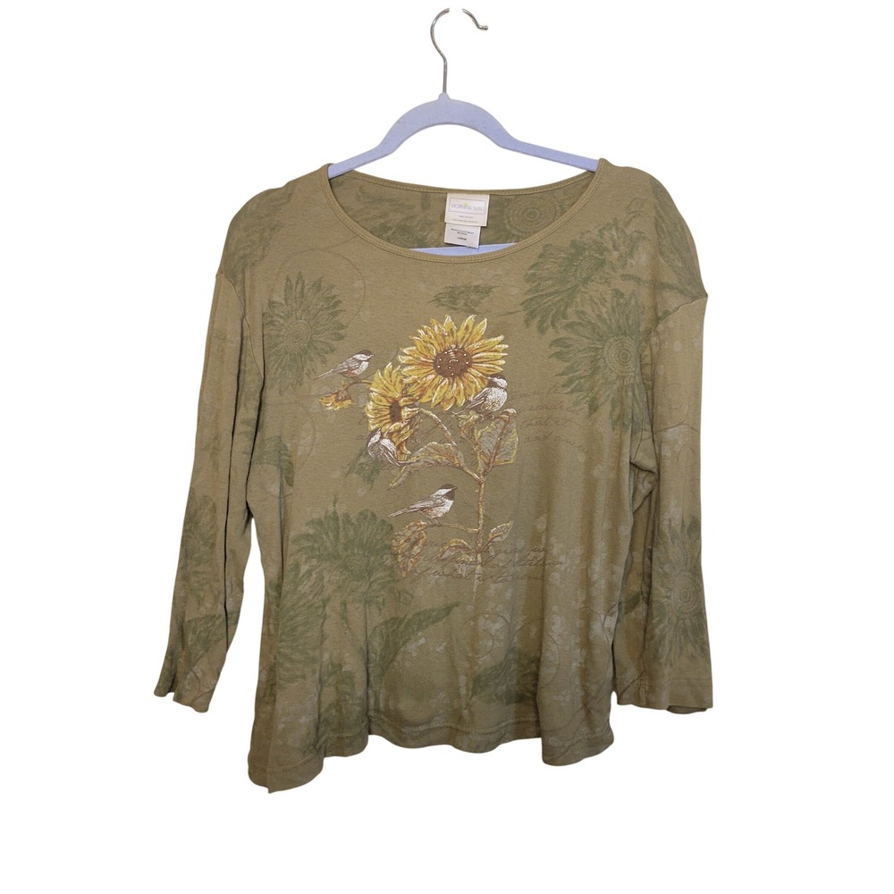 Morning Sun Sunflower Bird Top Womens Large Olive Green Excellent Naturecore